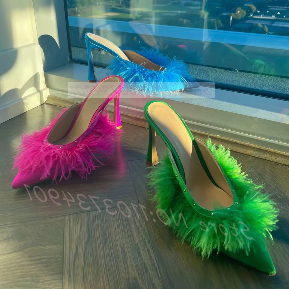 Court Heel Pointed - Pluizige Struisvogelveren Hakken Muiltjes Vrouwen Sexy